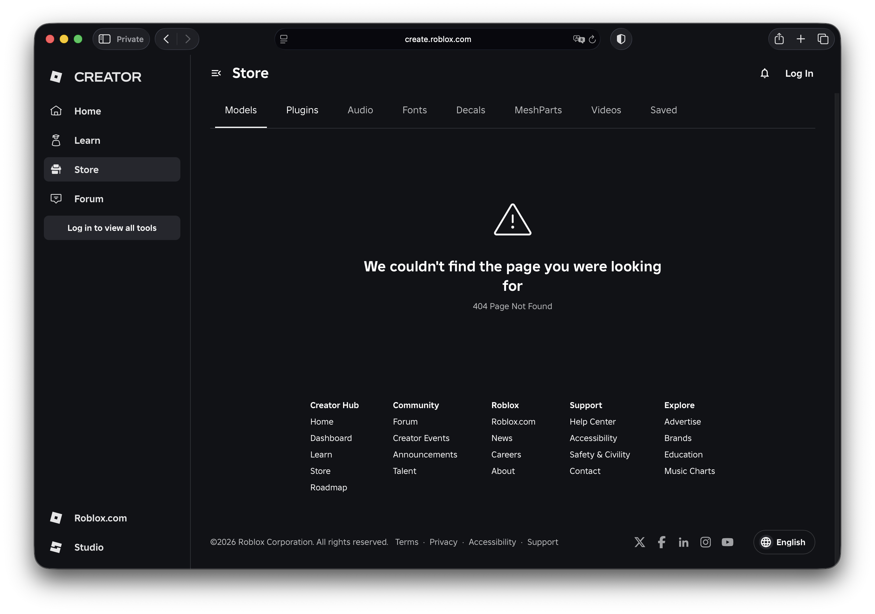 Creator Store 404 page